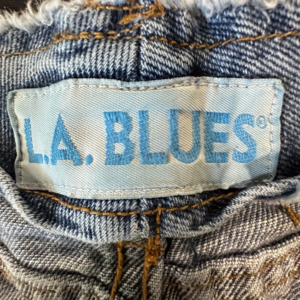 Vintage L.A. Blues Denim Mini‎ Skirt High Waisted Raw Hem Medium Wash Size 14